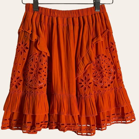 Ramy Brook Brit Crepe Orange Ruffled Eyelet Mini Skirt Size M - Picture 12 of 13